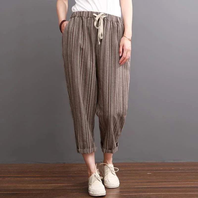 Khaki striped linen pants summer crop pants