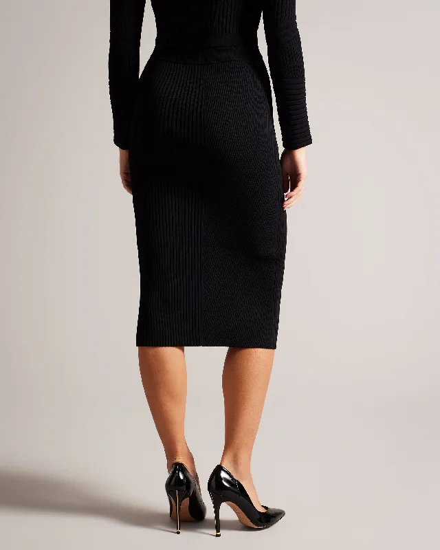 Betylou Ribbed Knit Midi Pencil Skirt Black