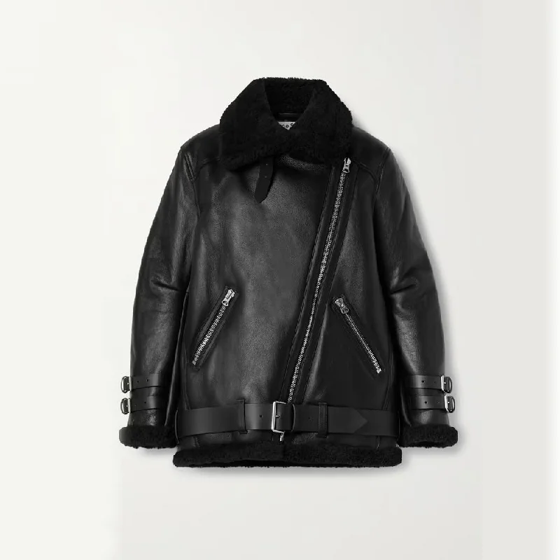 New 2024 Black RAF Sheepskin Shearling Trimmed  Leather Biker Jacket