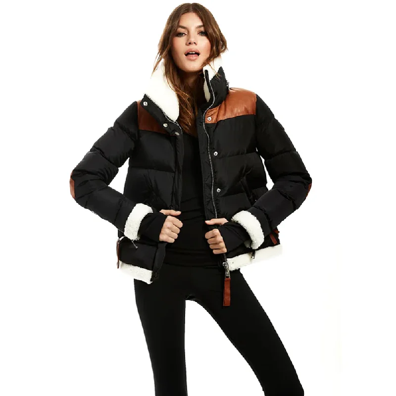 New Black Women's Sheepskin Puffer Bubble Fur Collar Leather V-Bomber Jacket