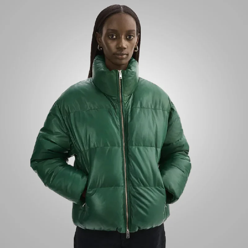 New Lambskin Green Women Bubble Puffer V-Bomber Leather Jacket