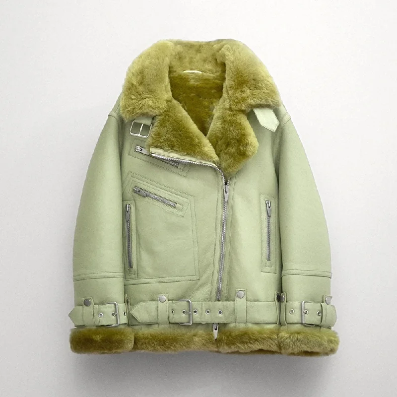 New Light Green Shearling Aviator Styled Sheepskin Leather Jacket For Women