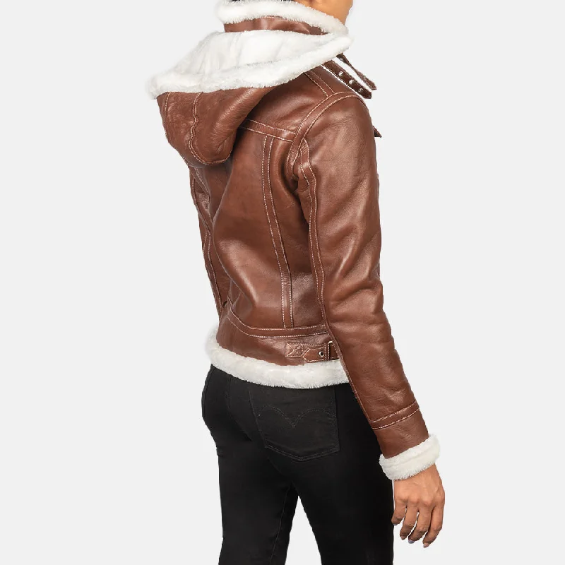 New Women Fiona Brown Hooded Shearling Leather Jacket