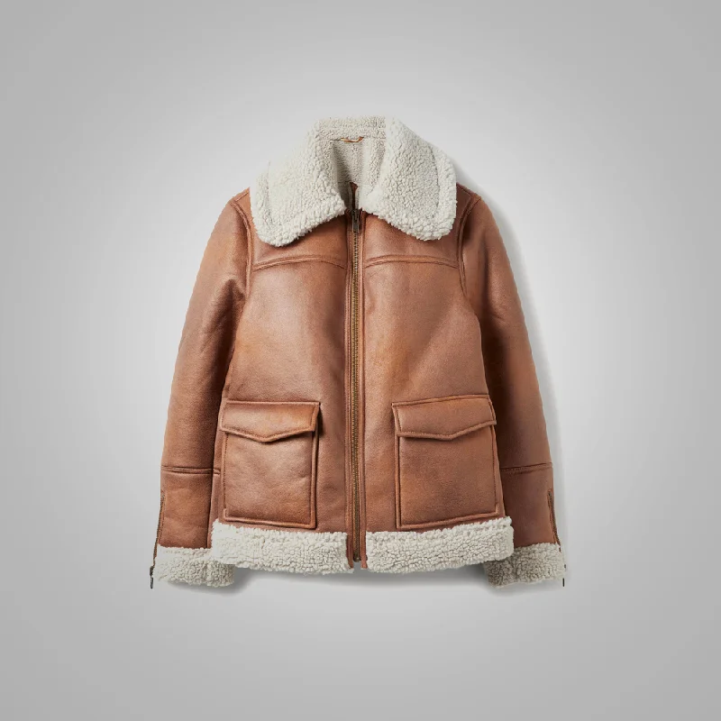 New Women Sheepskin Brown Aviator Leather Jacket