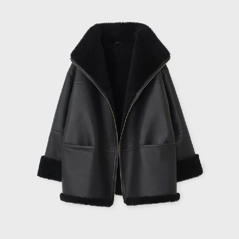 Women Aviator Black Styled Shearling Sheepskin Leather Jacket