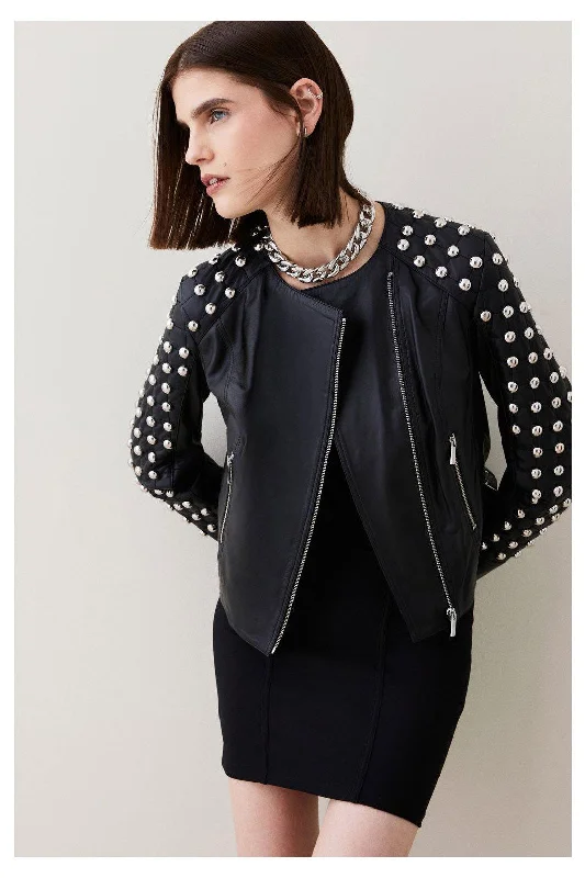 Women Black Spiked Studded  Style Silver Leather Jacket