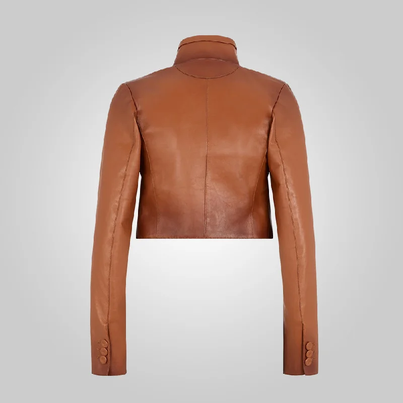 Women Cropped Goatskin Brown Leather Jacket