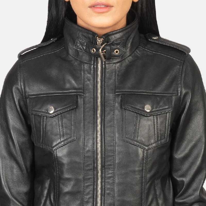 Women Flight  Black Hooded Leather Bomber Jacket