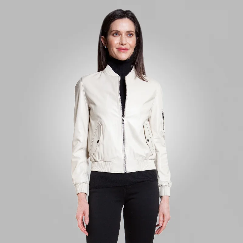 Women’s White Leather Bomber Jacket