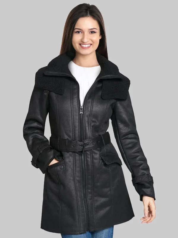 Black Shearling Duster Mid-Length Trench Coat for Women