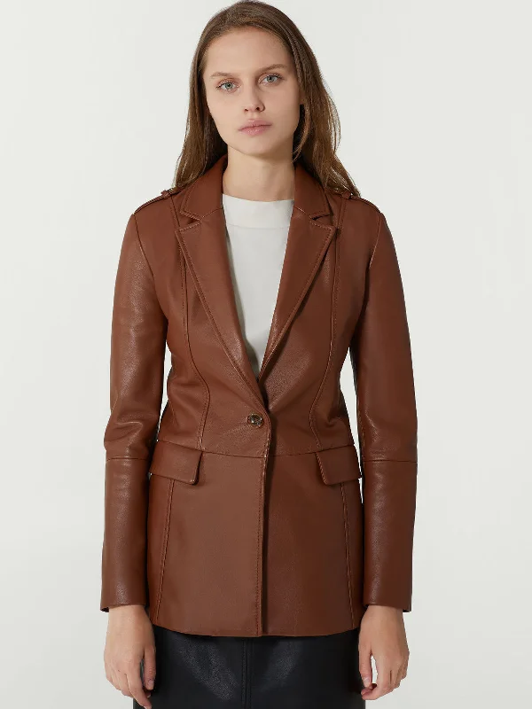 Brown Notch Lapel One Button Womens Leather Blazer Jacket