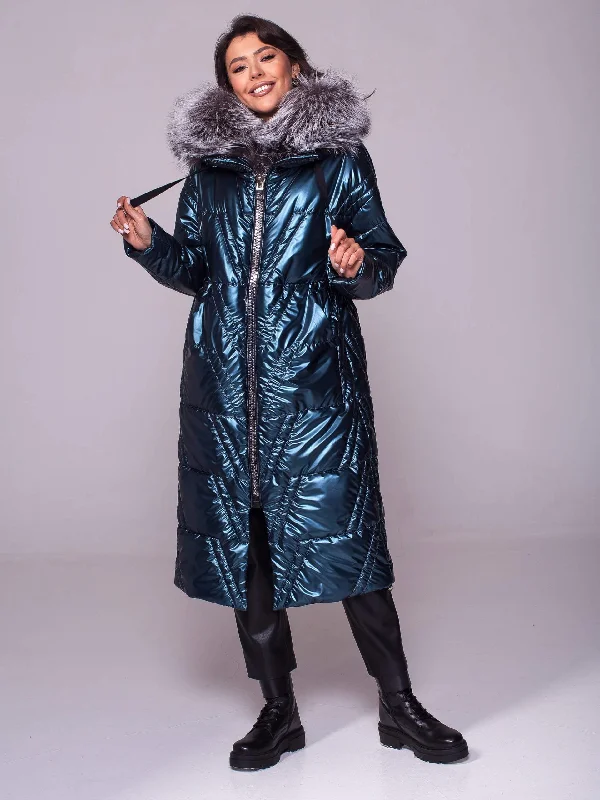 Gloria Genuine Silver Fox Fur Trim Coat