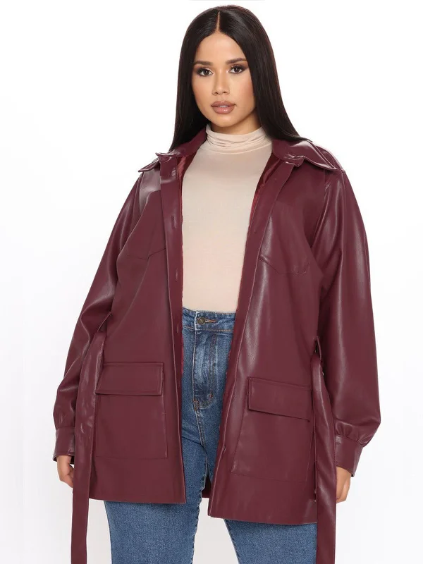 Womens Maroon Faux Leather Long Coat