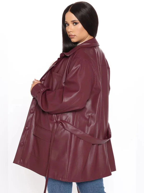 Womens Maroon Faux Leather Long Coat