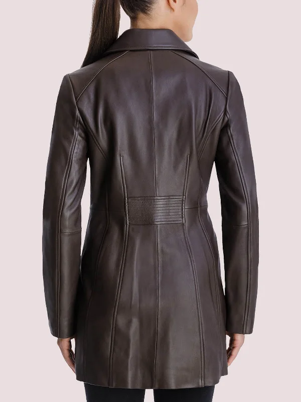 Stylish Womens Black Button Leather Coat