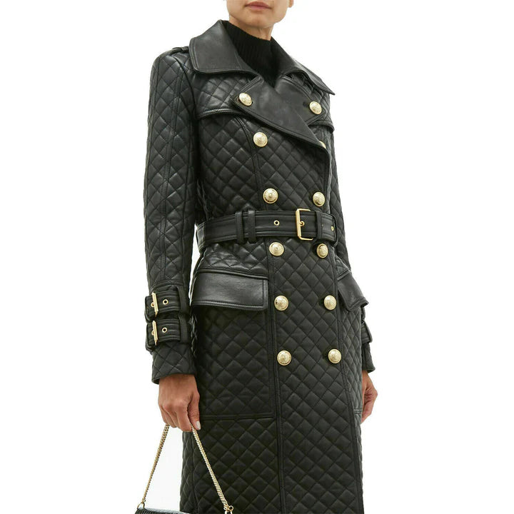 WOMEN DOUBLE BREASTED QUILTED LEATHER TRENCH COAT