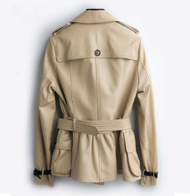 Women’s Beige Genuine Sheepskin Lapel Collar Fashion Winter Autumn Belted Outfit Casual Double Breasted Trench Coat