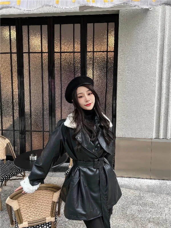 Women’s Black Genuine Lambskin Sherpa Shearling Faux Fur Collar Warm Casual Oversized Streetwear Leather Trench Coat