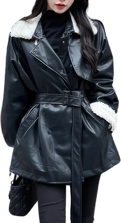 Women’s Black Genuine Lambskin Sherpa Shearling Faux Fur Collar Warm Casual Oversized Streetwear Leather Trench Coat