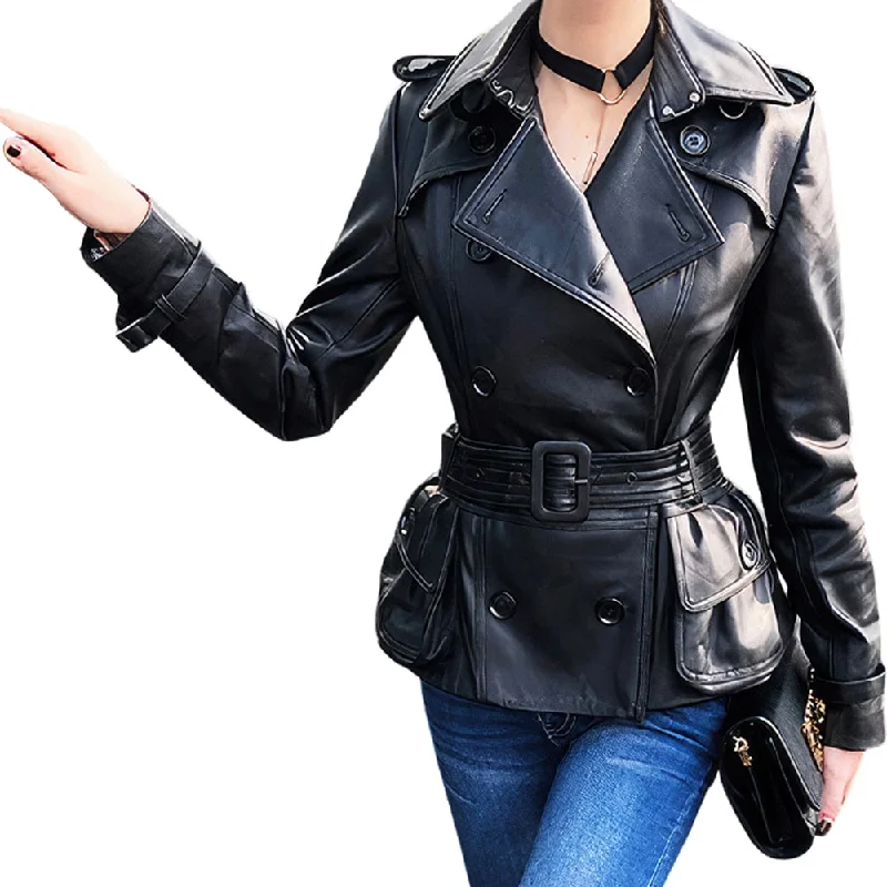 Women’s Black Genuine Sheepskin Double Breasted Classic Moto Racing High-Street Style Belted Short Leather Trench Coat