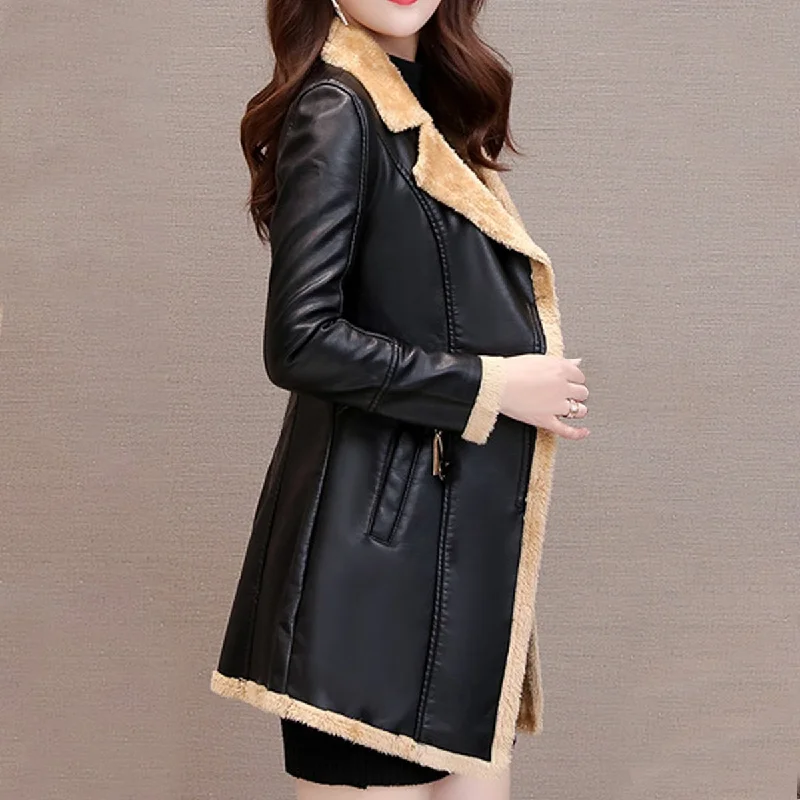 Women’s Black Genuine Sheepskin Lapel Collar Sherpa Shearling Faux Fur Lined Thick Warm Casual Classic Single Breasted Trench Style Leather Coat Jacket