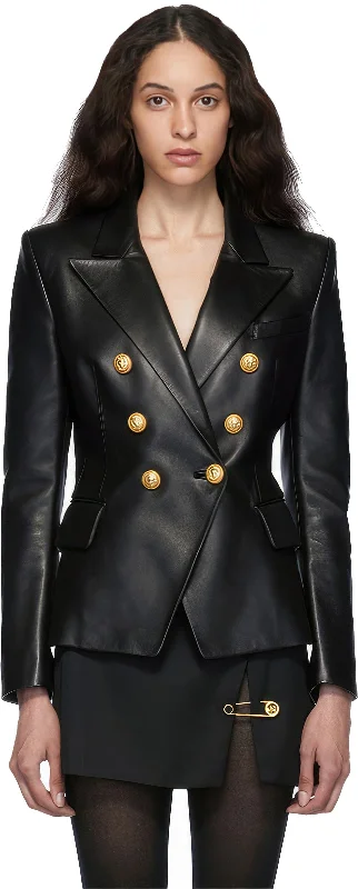 Women’s Black Genuine Sheepskin Notched Collar Outfit Smooth Business Formal Office Coat Elegant Fashion Leather Blazer