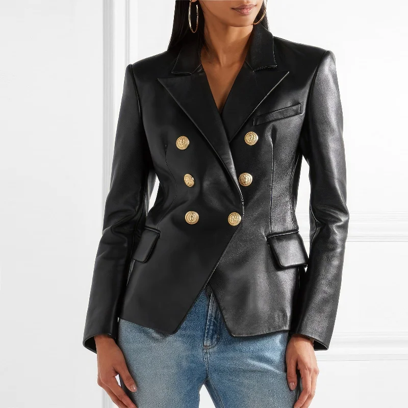 Women’s Black Genuine Sheepskin Notched Collar Outfit Smooth Business Formal Office Coat Elegant Fashion Leather Blazer