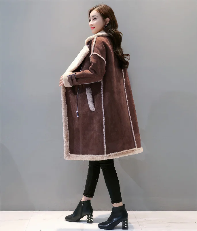 Women’s Brown Genuine Suede Sherpa Shearling Faux Fur Lined Winter Warm Thick Double Breasted Long Leather Coat