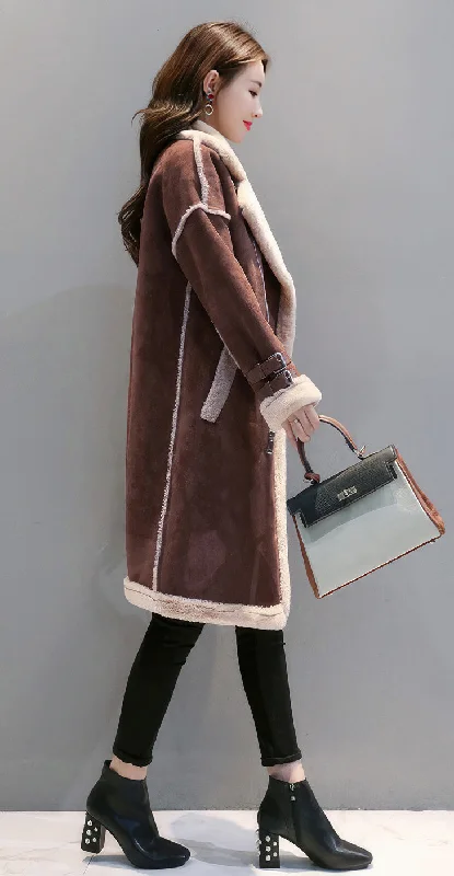 Women’s Brown Genuine Suede Sherpa Shearling Faux Fur Lined Winter Warm Thick Double Breasted Long Leather Coat