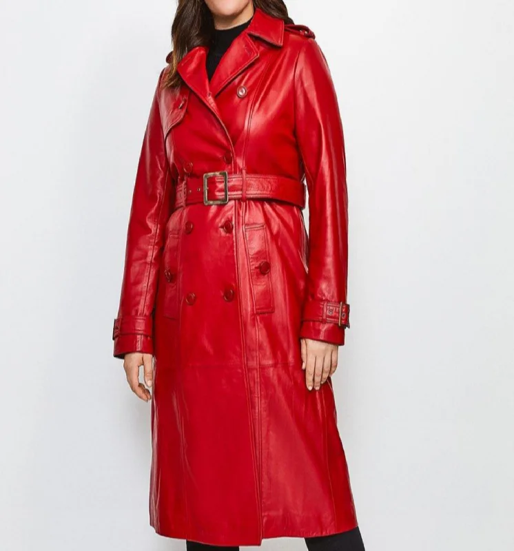 Womens Glamorous Red Leather Trench Coat