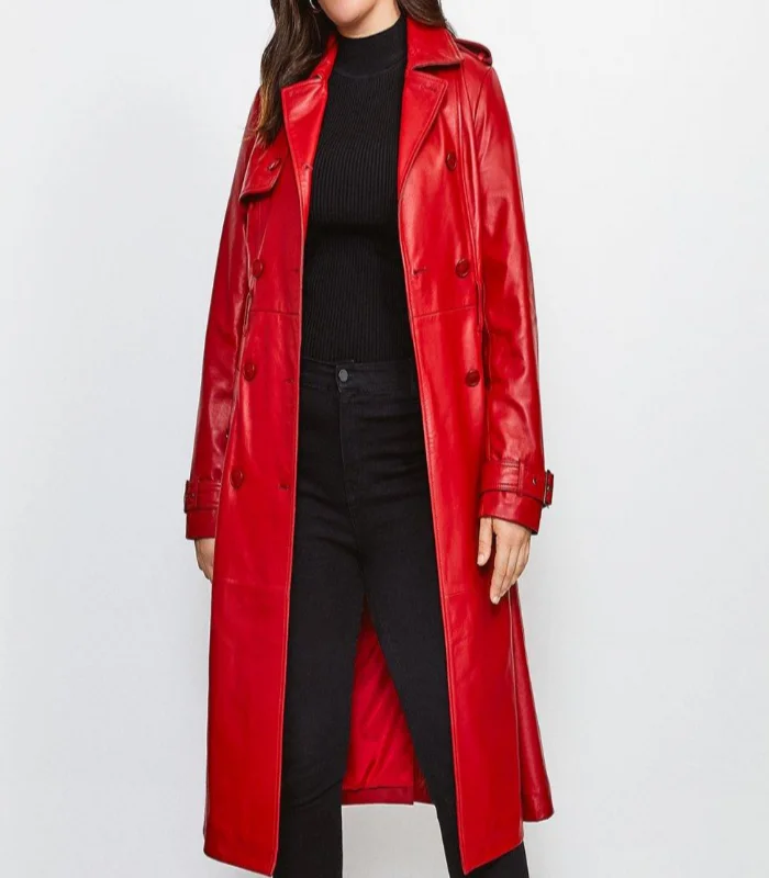 Womens Glamorous Red Leather Trench Coat