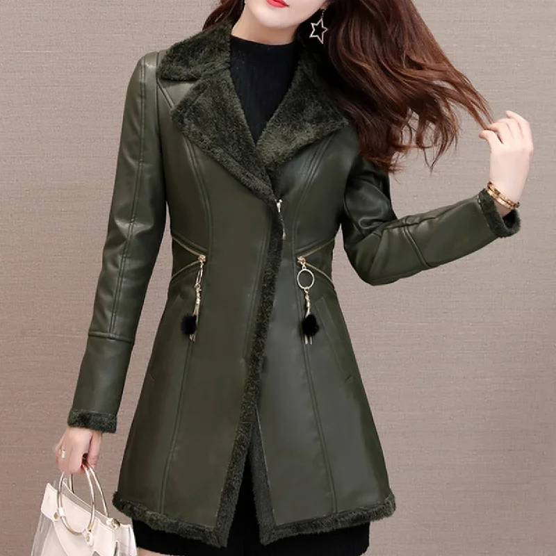 Women’s Green Genuine Sheepskin Lapel Collar Sherpa Shearling Faux Fur Lined Thick Warm Casual Classic Single Breasted Trench Style Leather Coat Jacket