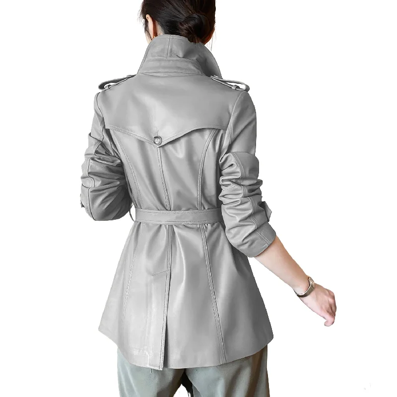 Women’s Grey Genuine Sheepskin Lapel Collar Business Fashion Double Breasted Belted Leather Trench Coat