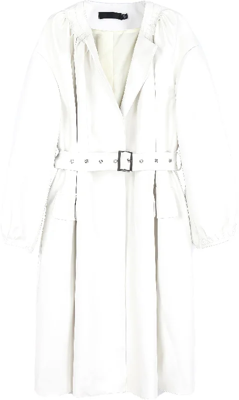 Women’s White Genuine Sheepskin Pleated Neckline Loose Luxury Casual Korean Fashion Stylish Belted Leather Coat