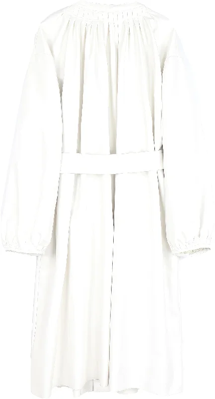 Women’s White Genuine Sheepskin Pleated Neckline Loose Luxury Casual Korean Fashion Stylish Belted Leather Coat