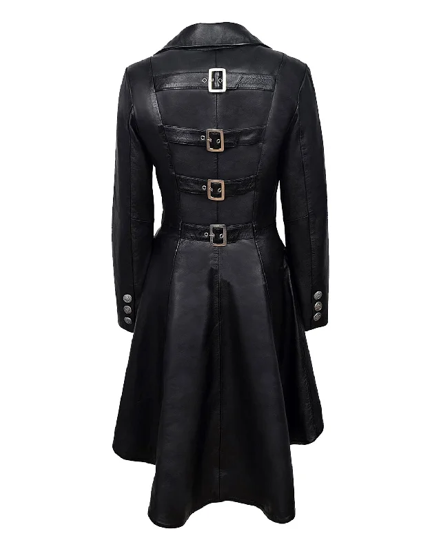 Women's Back Buckle Designer Leather Long Coat