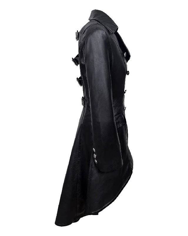 Women's Back Buckle Designer Leather Long Coat