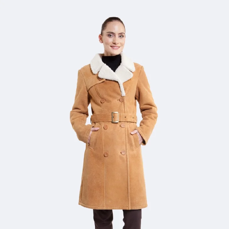 Womens Bright Tan Shearling Leather Coat