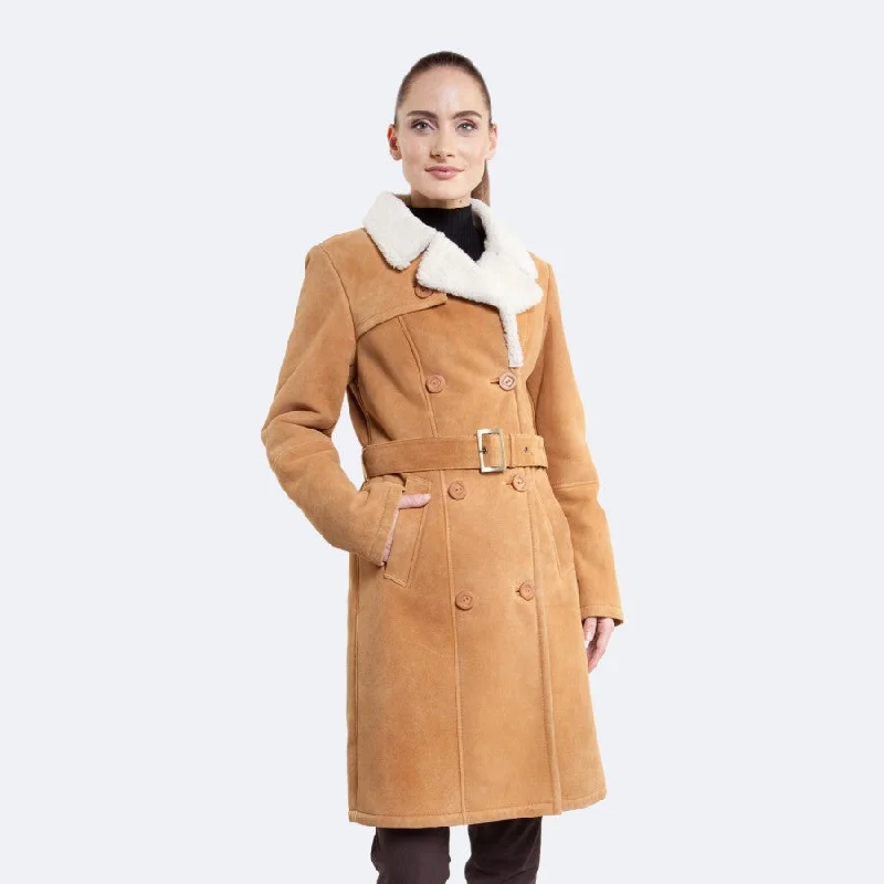 Womens Bright Tan Shearling Leather Coat