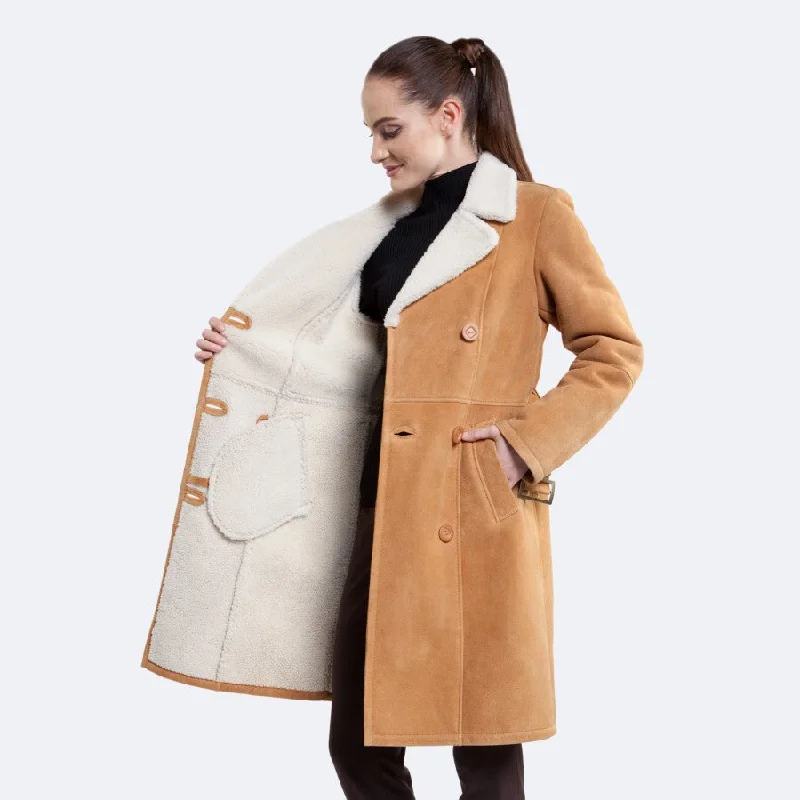 Womens Bright Tan Shearling Leather Coat