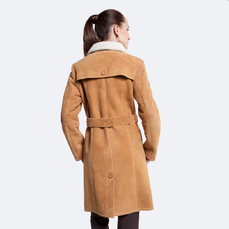 Womens Bright Tan Shearling Leather Coat