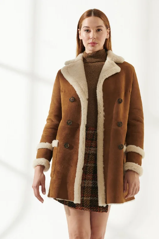 Women's Casual Tan Shearling Leather Coat