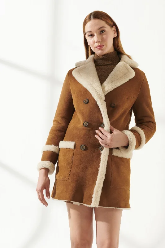 Women's Casual Tan Shearling Leather Coat