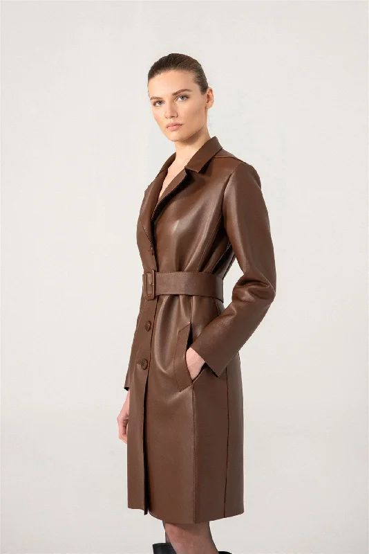 Womens Choco Brown Trench Leather Coat