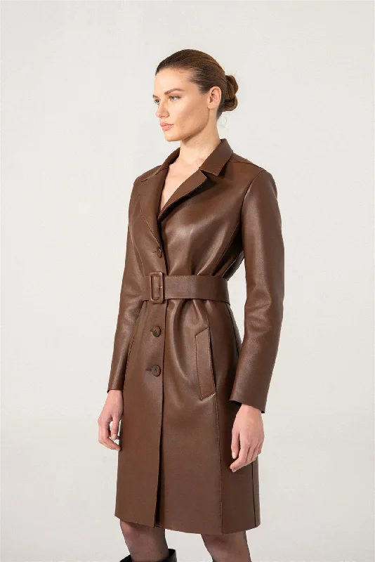 Womens Choco Brown Trench Leather Coat