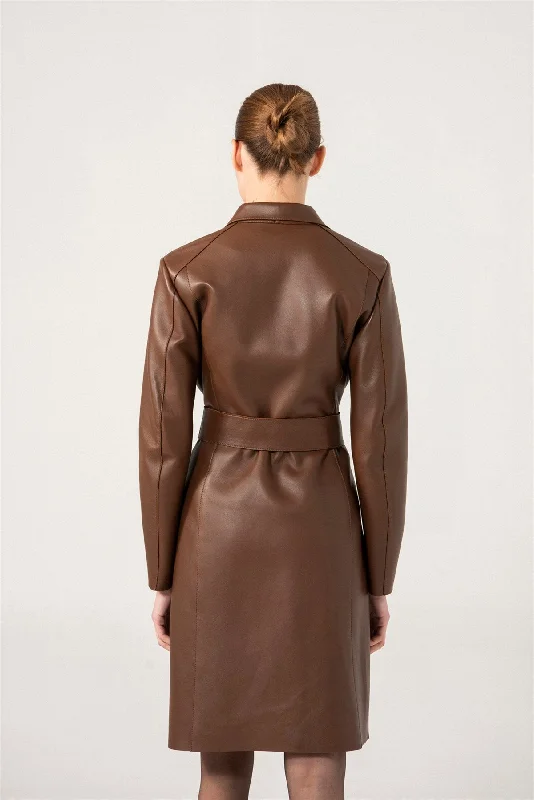 Womens Choco Brown Trench Leather Coat