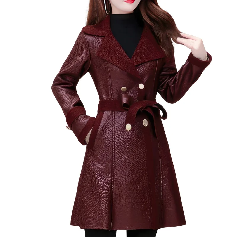 Women's Genuine Sheepskin Sherpa Shearling Faux Fur Lined Korean Style Belted Leather Coat - Wine Red, Mid-Length, Slim Fit, Elegant