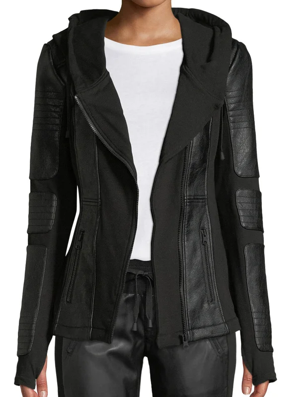 Womens Hooded Black Terry Moto Jacket