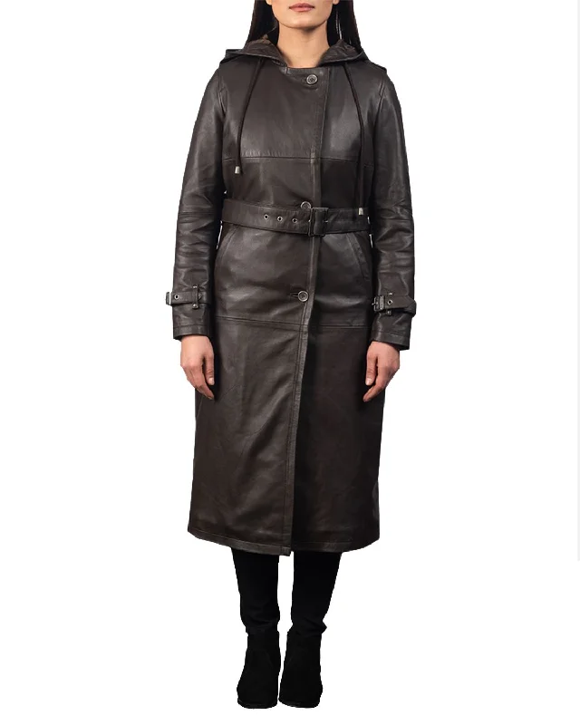 Women's Hooded Real Leather Long Trench Coat