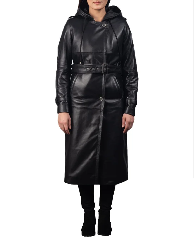 Women's Hooded Real Leather Long Trench Coat